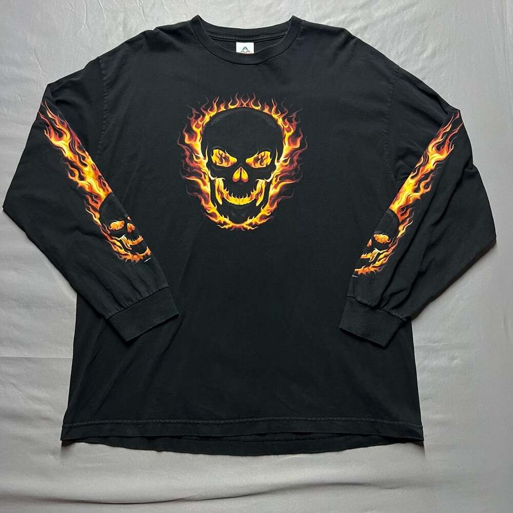 Alstyle Apparel & Activewear Y2K Flaming Skull Long Sleeve T-Shirt Black